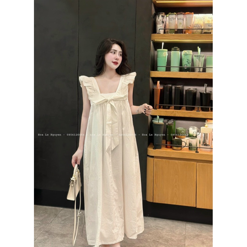 Đầm Cổ Vuông Dáng Dài Babydoll Đơn Giản Sau Lưng Bo Chun Chất Vải Sơ Mi Cotton Được May 2 Lớp Không Mỏng