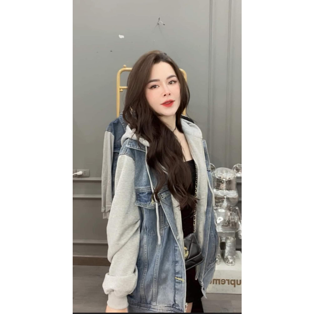 Áo khoác jeans mũ phối tay dài tay túi 2 bên (kèm ảnh thật )