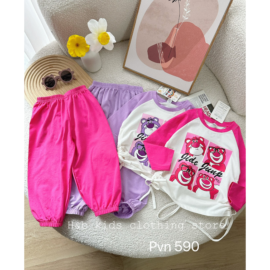 Bộ thu đông bé gái , sét bộ gấu dâu rút eo cotton 3 màu cho bé gái 10-30kg