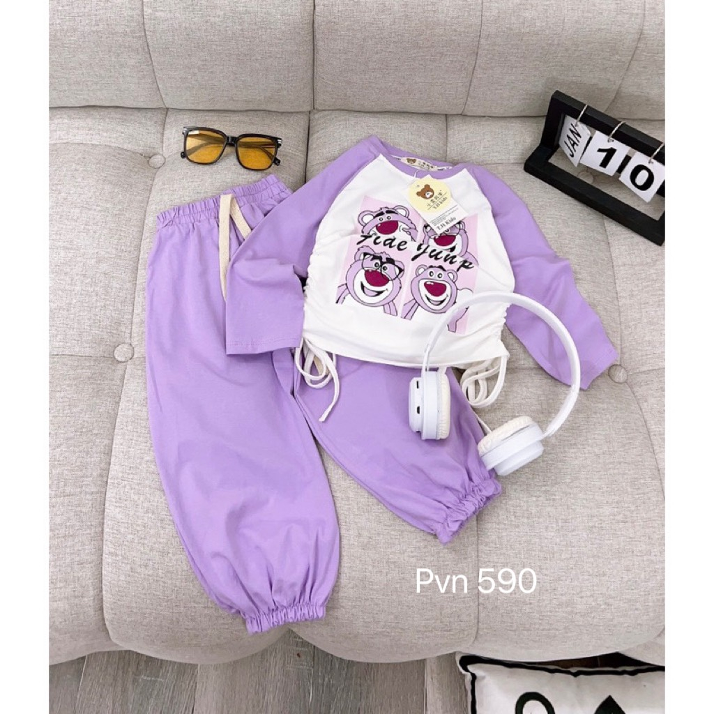 Bộ thu đông bé gái , sét bộ gấu dâu rút eo cotton 3 màu cho bé gái 10-30kg