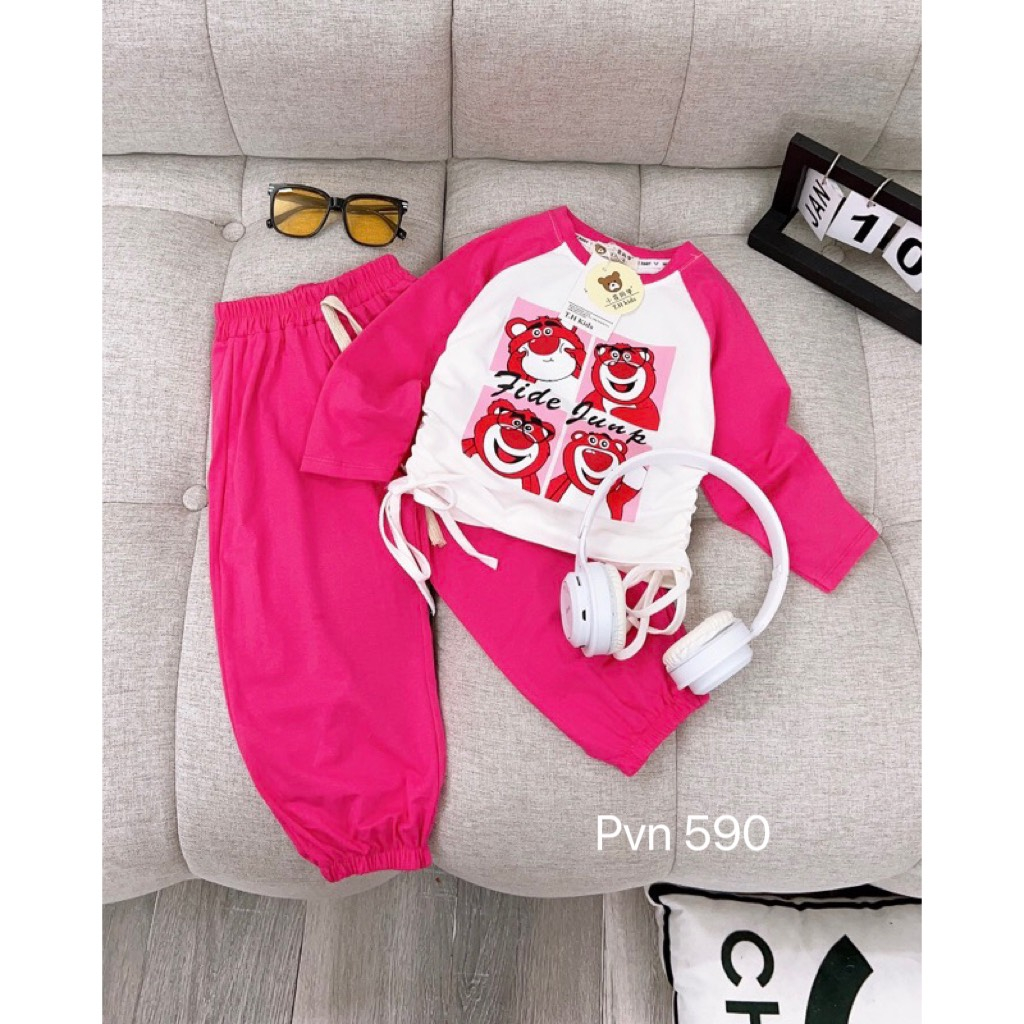 Bộ thu đông bé gái , sét bộ gấu dâu rút eo cotton 3 màu cho bé gái 10-30kg