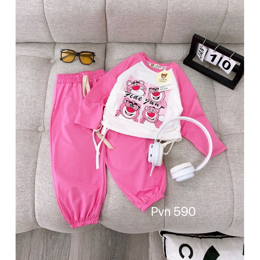 Bộ thu đông bé gái , sét bộ gấu dâu rút eo cotton 3 màu cho bé gái 10-30kg