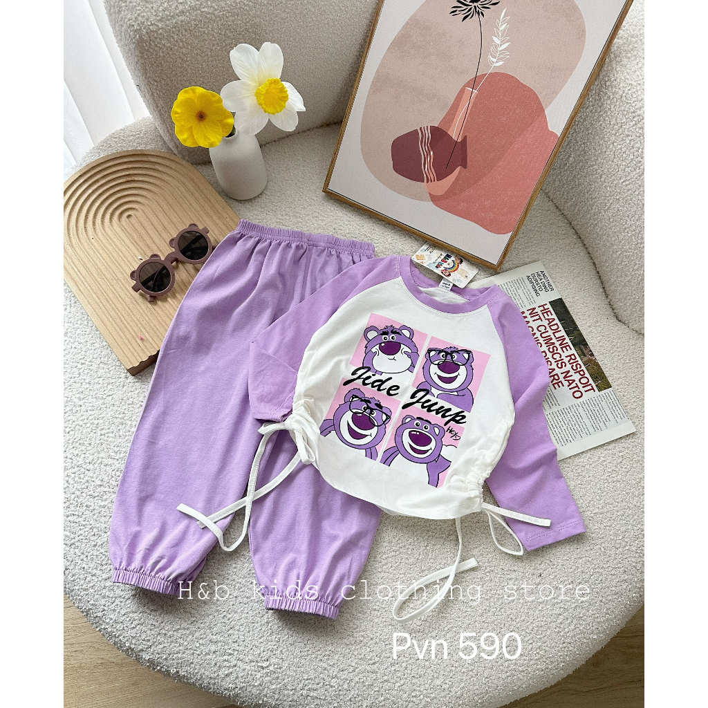 Bộ thu đông bé gái , sét bộ gấu dâu rút eo cotton 3 màu cho bé gái 10-30kg
