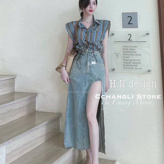 Chân váy jean nữ xẻ tà có quần trong 85CM