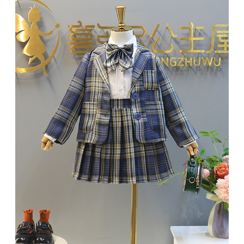 Set vest chân váy xếp ly áo sơ mi cho bé gái