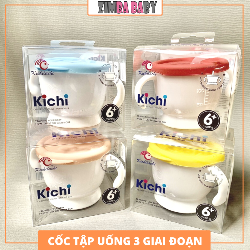 Cốc tập uống 3 giai đoạn Kichi có kèm ống hút và nắp cho bé, giúp bé tập uống nước, uống sữa dễ dàng Zimbababy