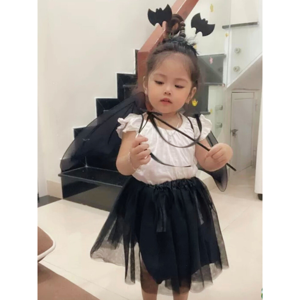 Bộ Váy Xòe Cánh Dơi Đen 4 Chi Tiết Cho Bé Hóa Trang Halloween, Trung Thu, Tiệc Sinh Nhật, Biểu Diễn