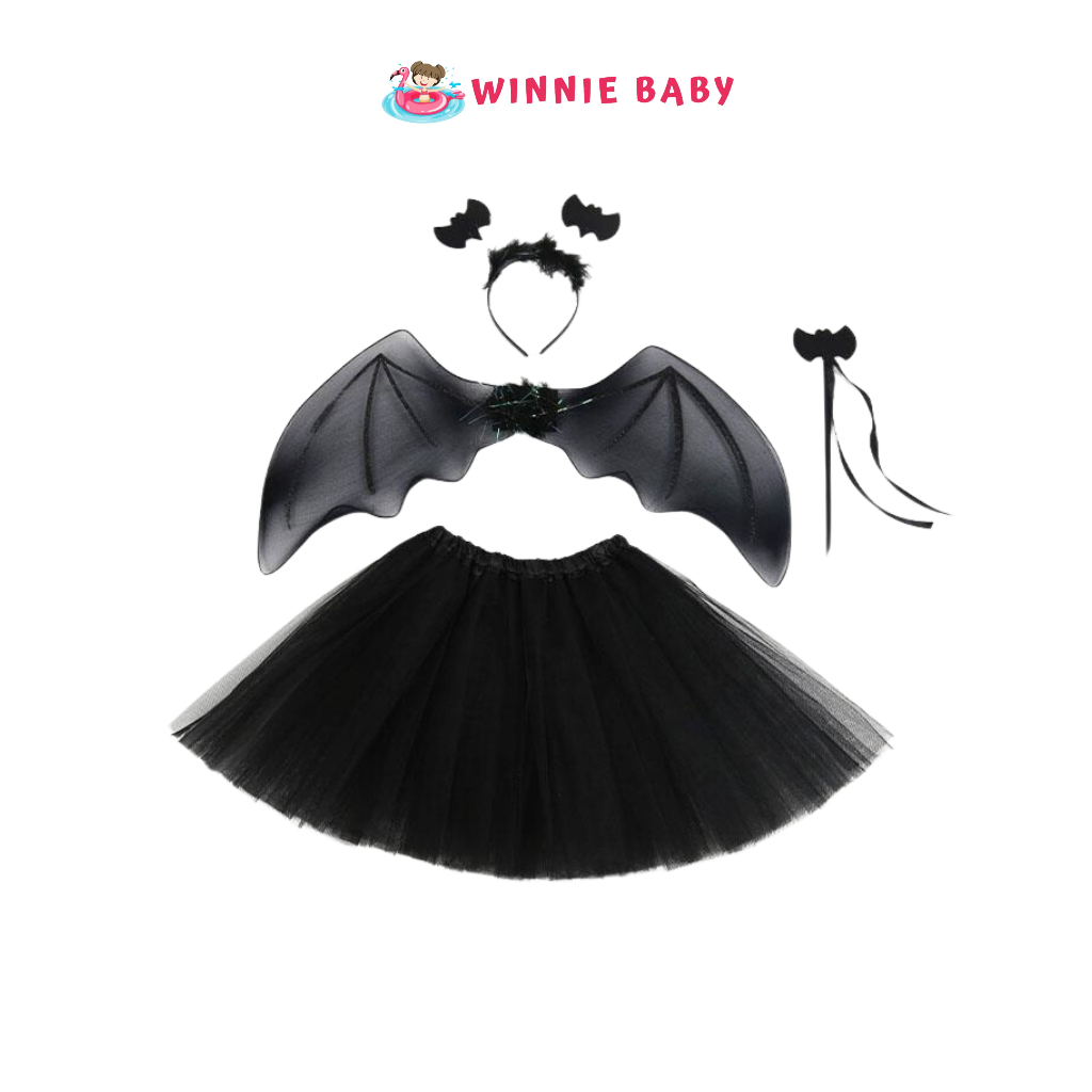 Bộ Váy Xòe Cánh Dơi Đen 4 Chi Tiết Cho Bé Hóa Trang Halloween, Trung Thu, Tiệc Sinh Nhật, Biểu Diễn