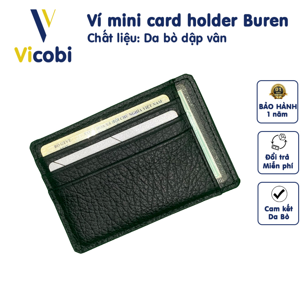 Ví card holder Da Bò Vicobi M2 Đen Vân, đựng thẻ nhỏ gọn bỏ túi, made in VietNam