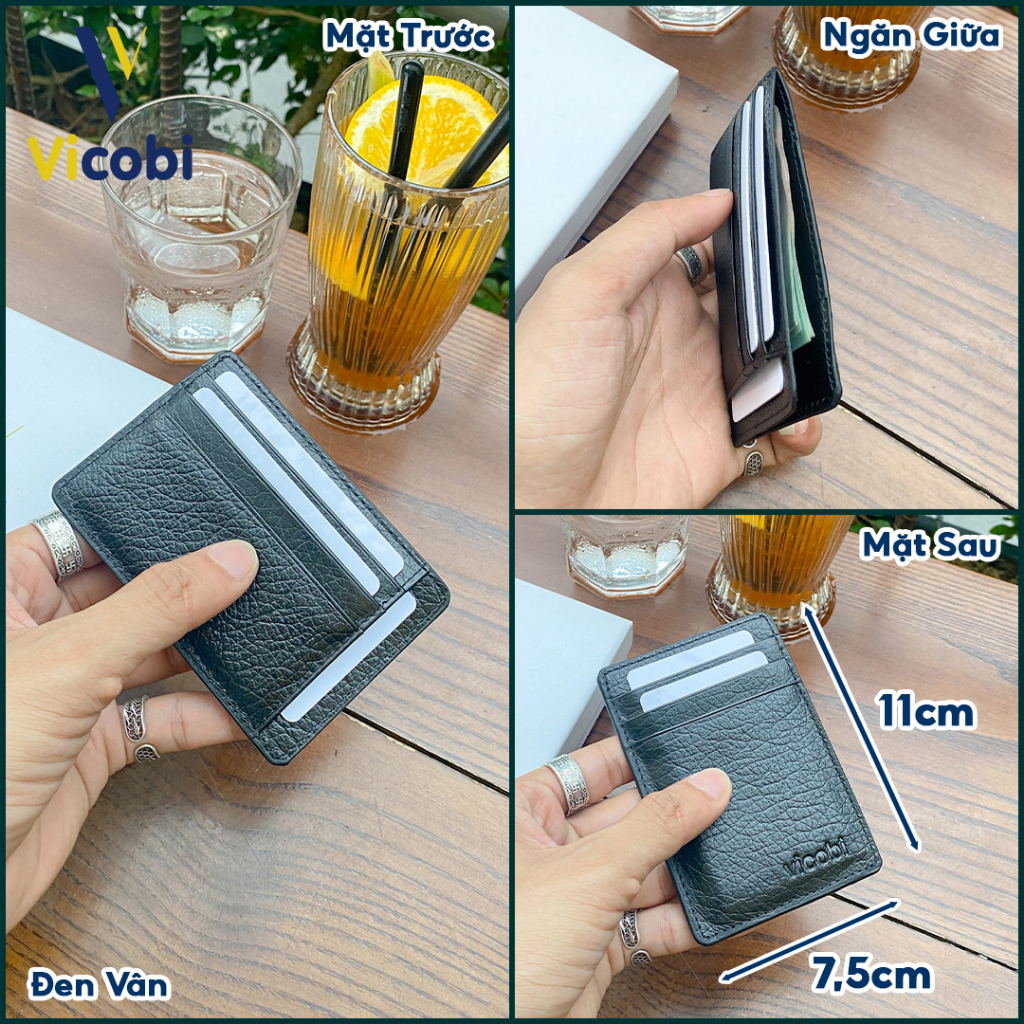 Ví card holder Da Bò Vicobi M2 Đen Vân, đựng thẻ nhỏ gọn bỏ túi, made in VietNam