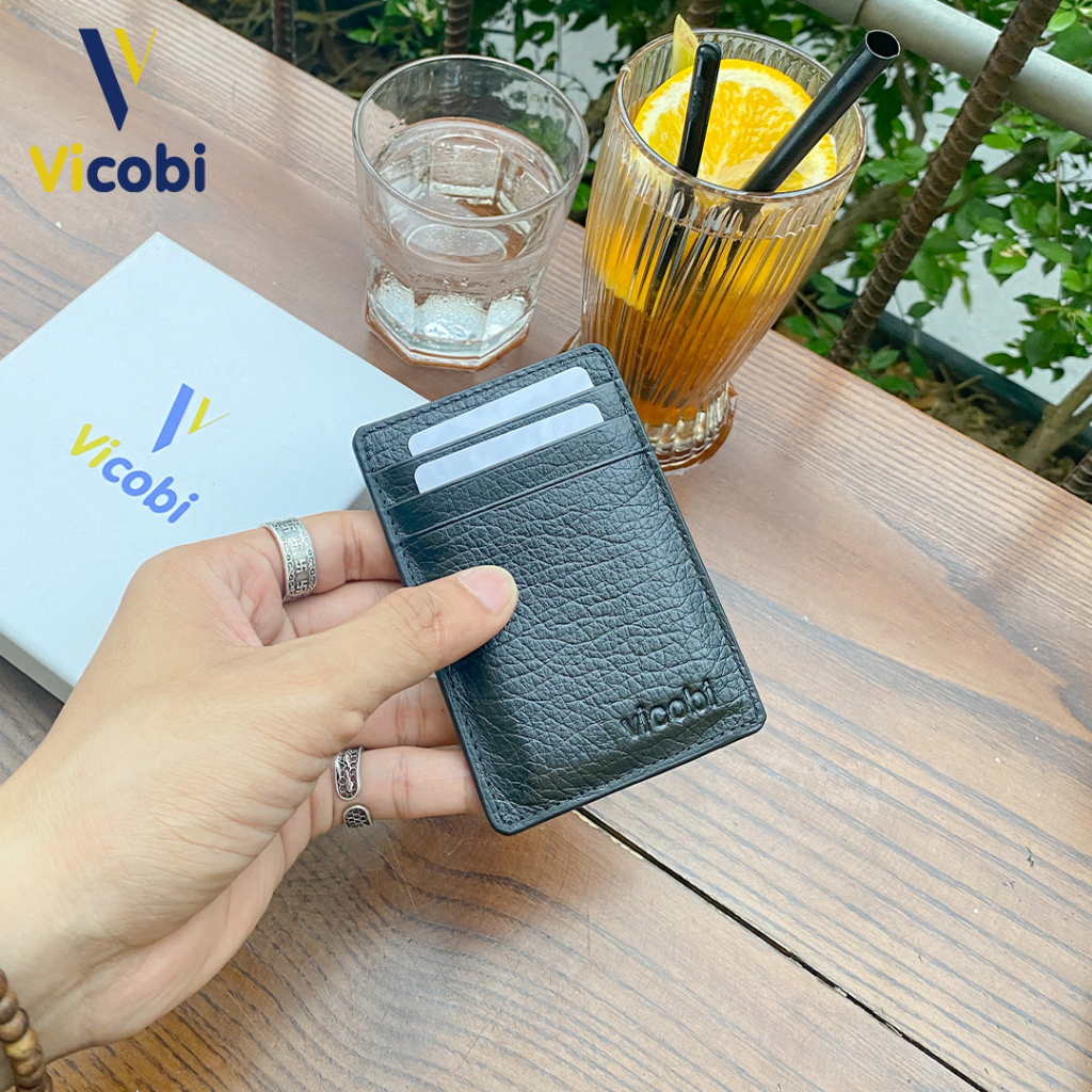 Ví card holder Da Bò Vicobi M2 Đen Vân, đựng thẻ nhỏ gọn bỏ túi, made in VietNam