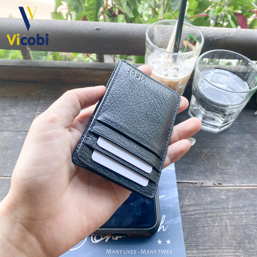 Ví card holder Da Bò Vicobi M2 Đen Vân, đựng thẻ nhỏ gọn bỏ túi, made in VietNam