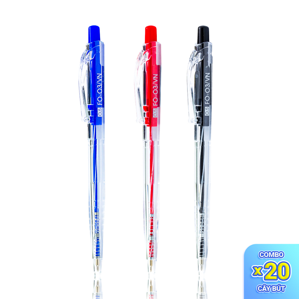 Combo 20 Bút bi Thiên Long FO-03  ngòi 0.5mm mực xanh/đỏ/đen cấu tạo 3 cạnh dễ cầm, mực không độc hại tiêu chuẩn quốc tế