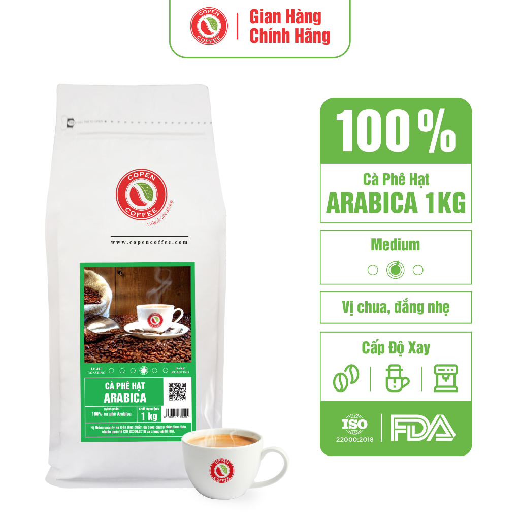 Cà phê hạt Arabica rang mộc nguyên chất - Copen Coffee 1KG/GÓI - dành cho pha phin gu đắng nhẹ, thơm dịu