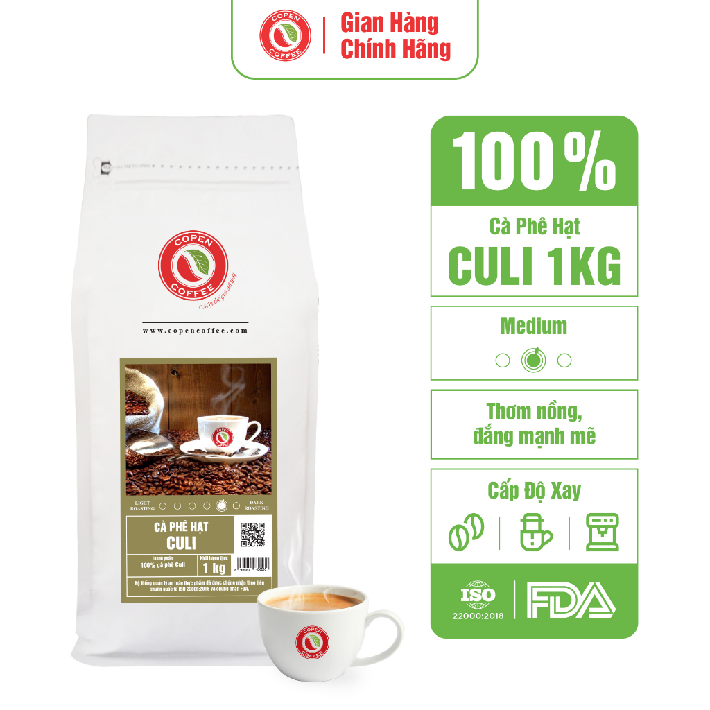Cà phê hạt nguyên chất Culi rang mộc - Copen Coffee - Hương vị đắng đậm, thơm nồng, hậu vị sâu - Gói 1KG