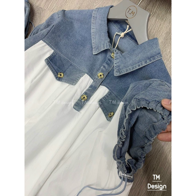 VÁY BÒ PHỐI CHUN TAY DÁNG RỘNG CỔ SƠ MI - ĐẦM JEANS RÚT TAY ÁO CHUN TAY DÁNG RỘNG B