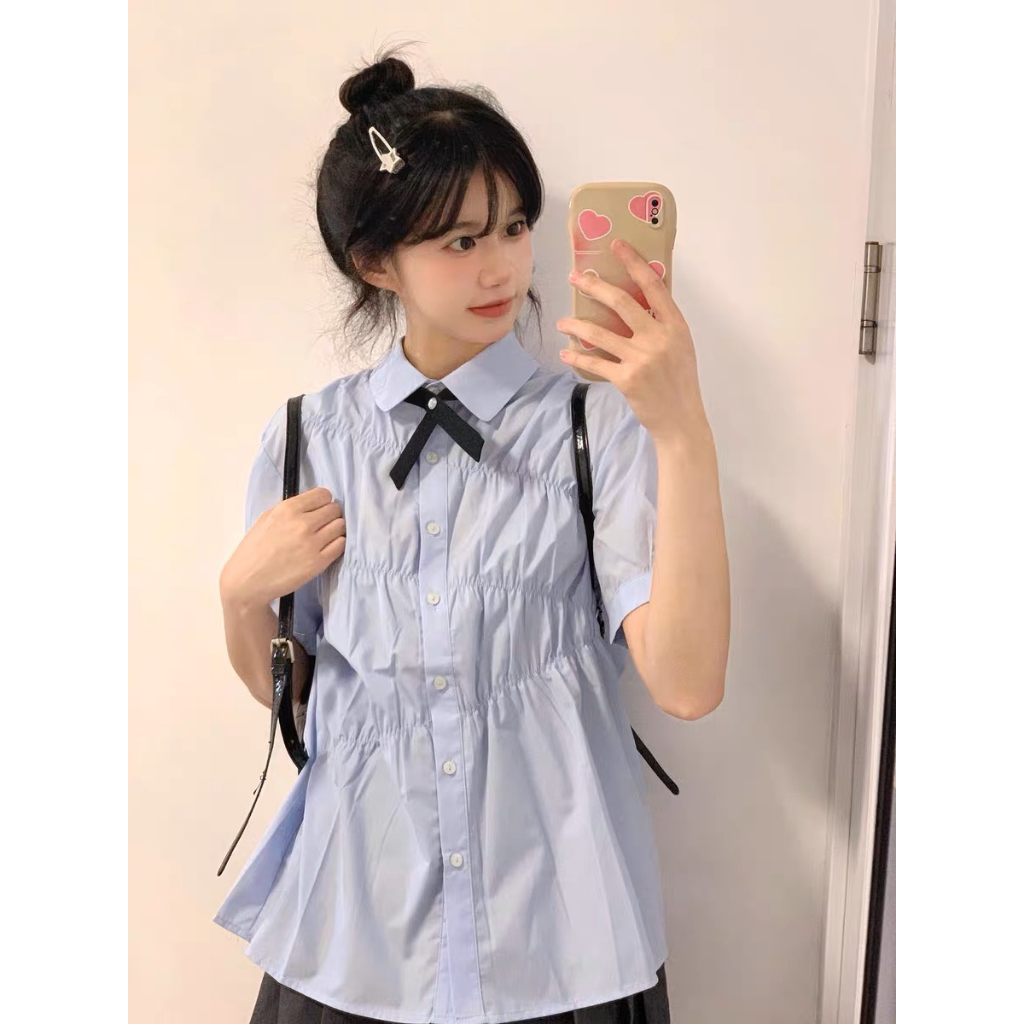Áo sơ mi đi học nữ cộc tay phối chun chéo form rộng