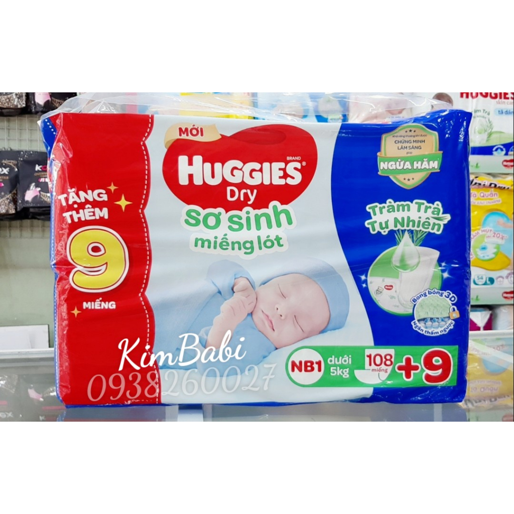 Miếng lót sơ sinh Huggies NB1 108 +9 miếng tràm trà mới (Có thể dùng thay BVS)