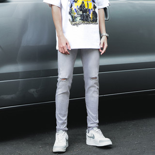 Quần Skinny Jeans Nam-Màu Xanh Nhạt-Rách Ngang Gối-Chất Liệu Cotton Co Giãn-Ống Đứng Dáng-Ống Ôm Chân Chuẩn Skinny