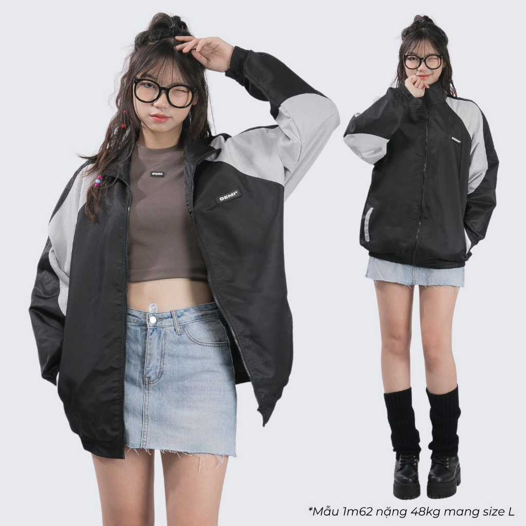 Áo khoác dù local brand giá rẻ DEMI nam nữ form rộng phối màu đen xám| DE-AK55