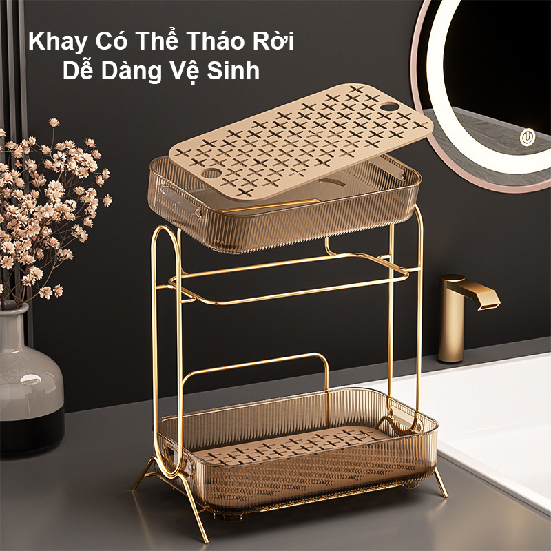 Kệ Mỹ Phẩm Đồ Trang Điểm Để Bàn 2 Tầng Có Viền Mạ Vàng Phong Cách Châu Âu,Kệ Để Đồ Đa Năng Sang Trọng Đẹp Và Tiện Dụng