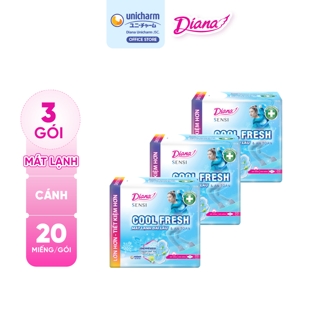 Bộ 3 gói băng vệ sinh Diana Sensi Cool Fresh siêu mỏng cánh gói 20 miếng/gói