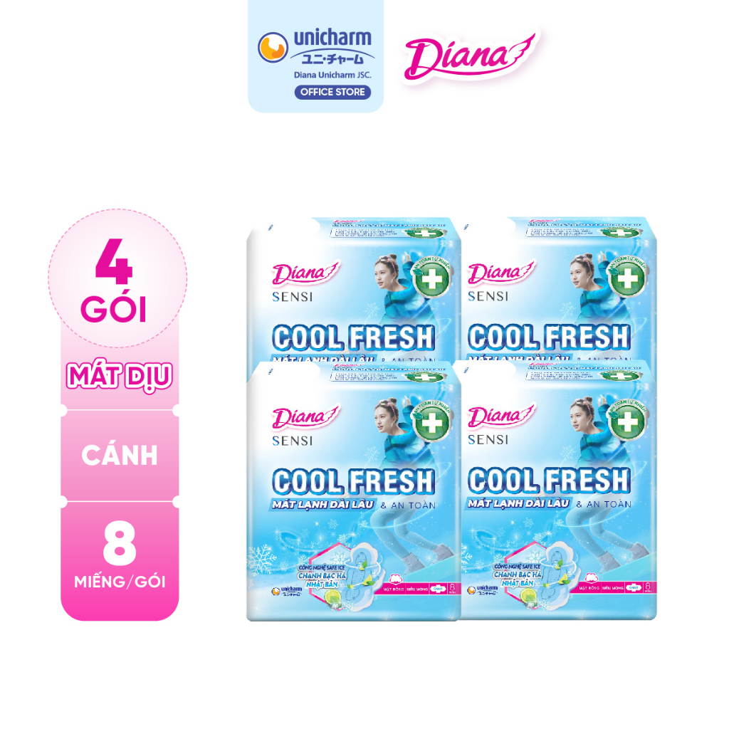 Bộ 4 gói băng vệ sinh Diana SenSi Cool Fresh siêu mỏng cánh gói 8 miếng/gói