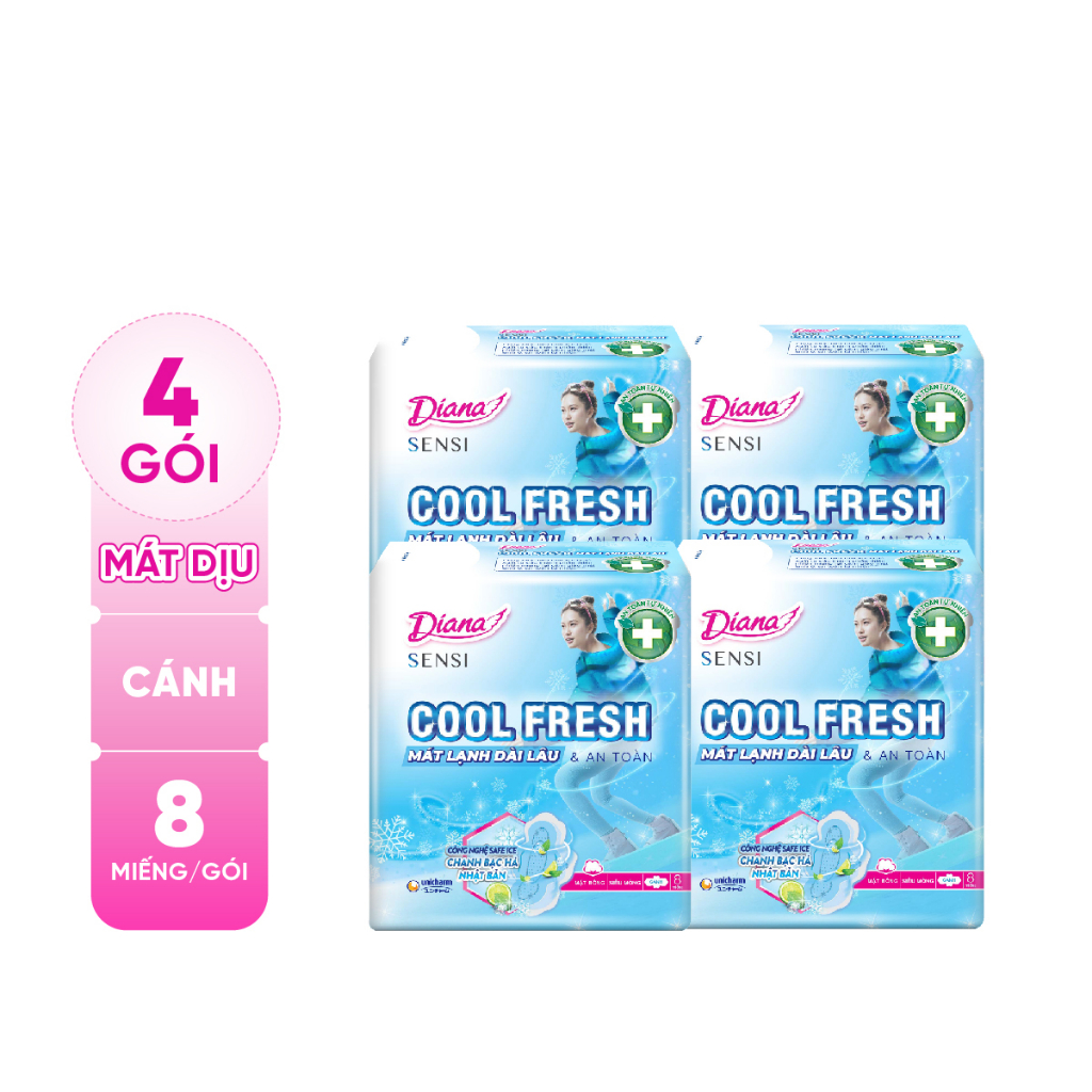 Bộ 4 gói băng vệ sinh Diana SenSi Cool Fresh siêu mỏng cánh gói 8 miếng/gói