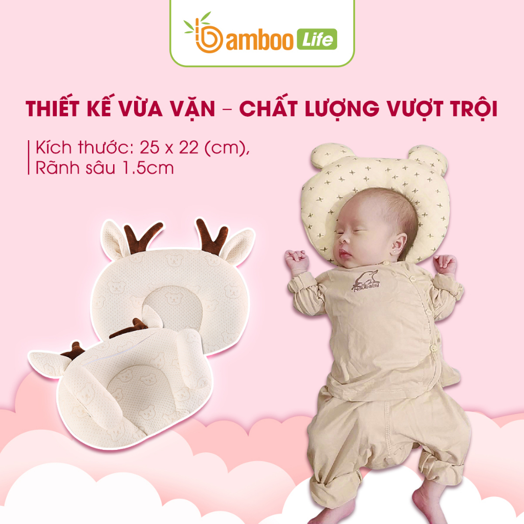 Gối chống bẹp đầu cho bé Bamboo Life cao su non chống trào ngược cao cấp êm ái hình họa tiết siêu xinh