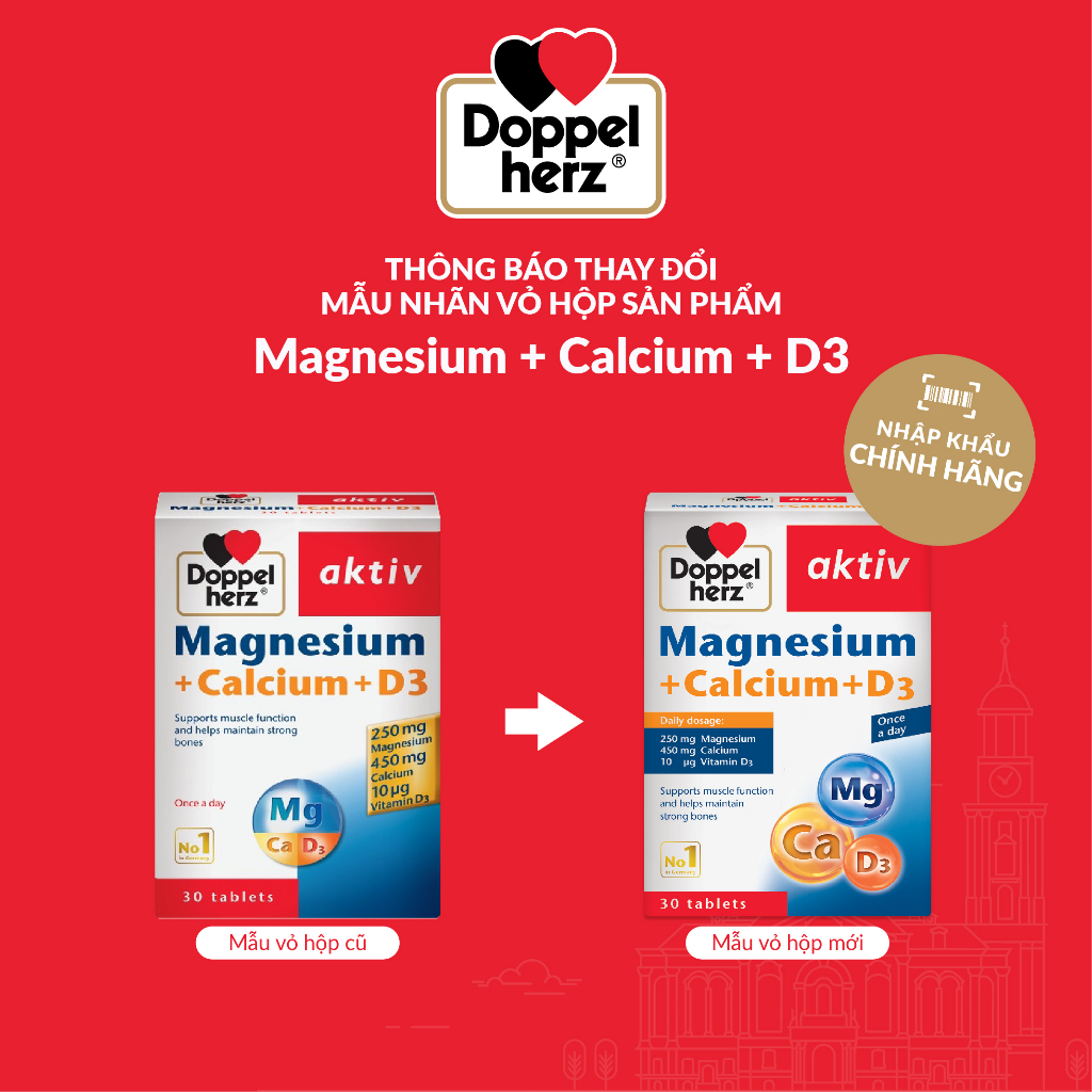 [TPCN Nhập Khẩu] Viên uống bổ sung Canxi phòng ngừa loãng xương Doppelherz Magnesium + Calcium + D3 (Hộp 30 viên)