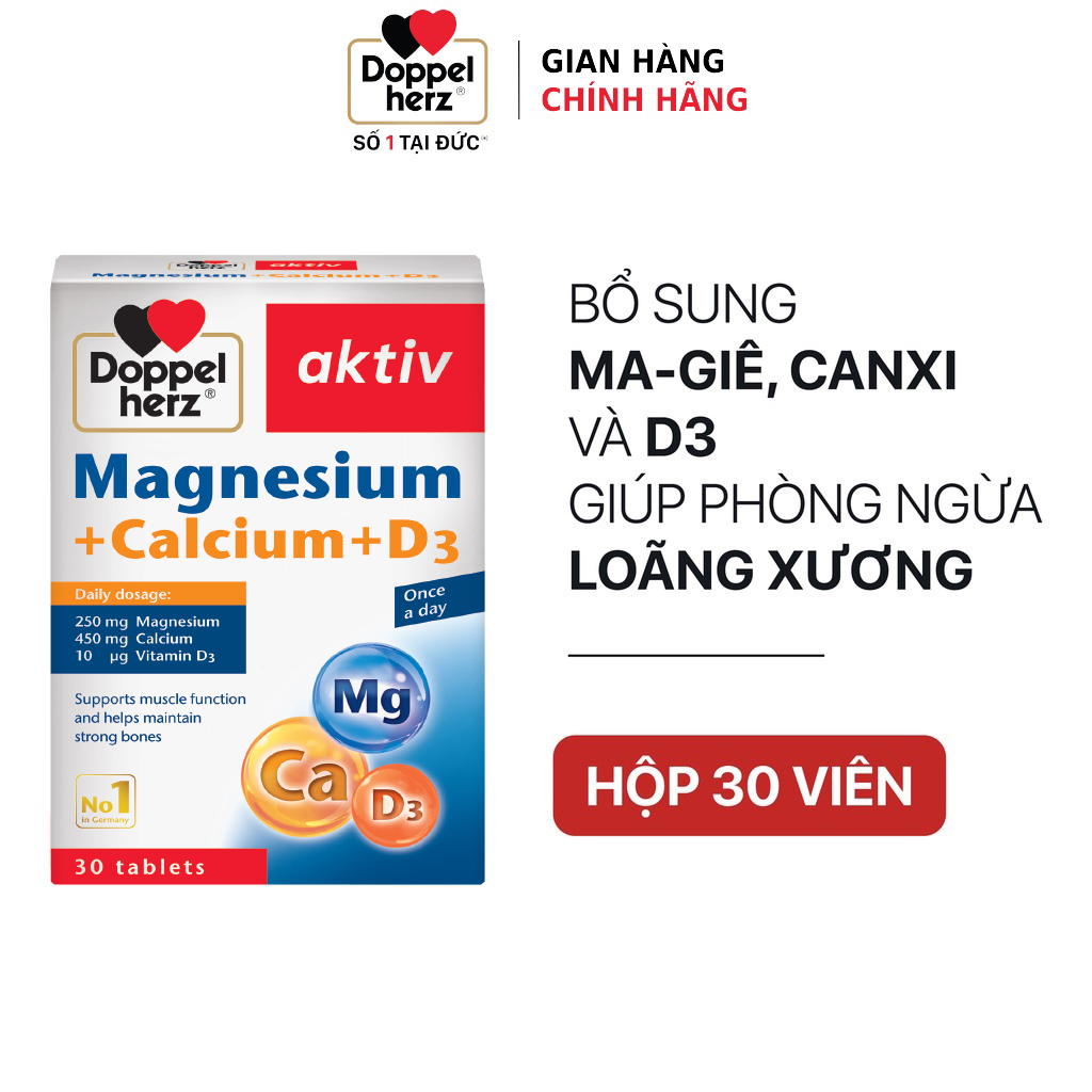 [TPCN Nhập Khẩu] Viên uống bổ sung Canxi phòng ngừa loãng xương Doppelherz Magnesium + Calcium + D3 (Hộp 30 viên)