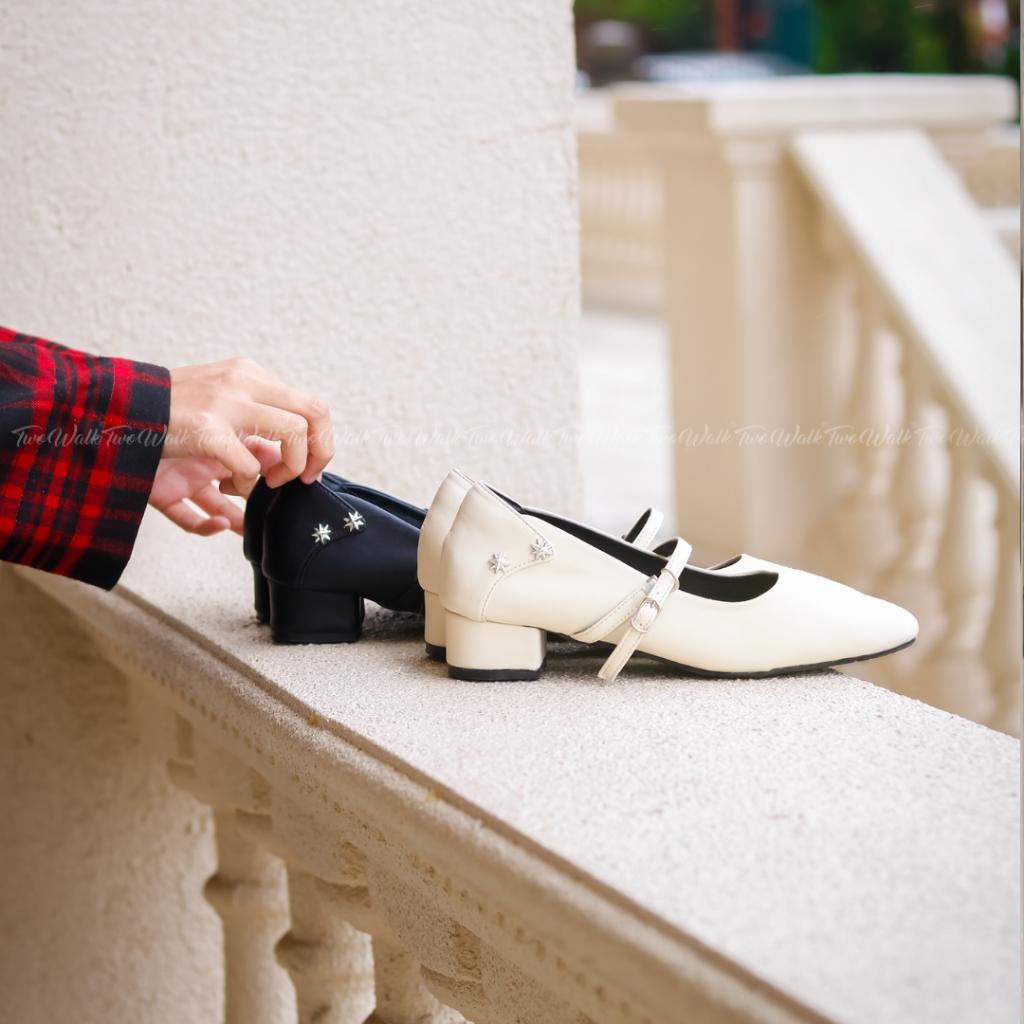 TWOWALK: Starry Dream - Giày Nữ Mary Jane Da Microfiber Cao Cấp - Màu Kem/ Đen - 3cm