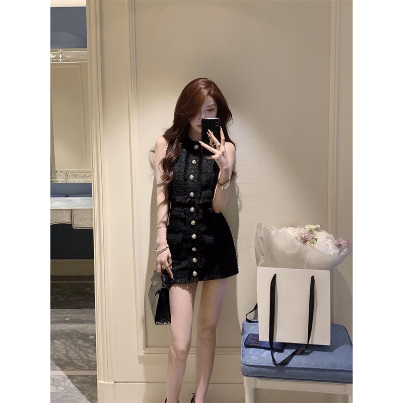 Phong cách Pháp nhỏ thơm phong cách người nổi tiếng khí chất vest hàng đầu mùa hè mới eo cao eo thon váy hông nữ hai mản