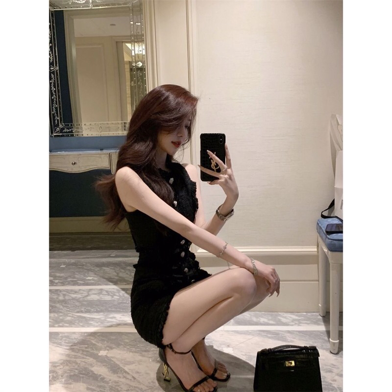 Phong cách Pháp nhỏ thơm phong cách người nổi tiếng khí chất vest hàng đầu mùa hè mới eo cao eo thon váy hông nữ hai mản