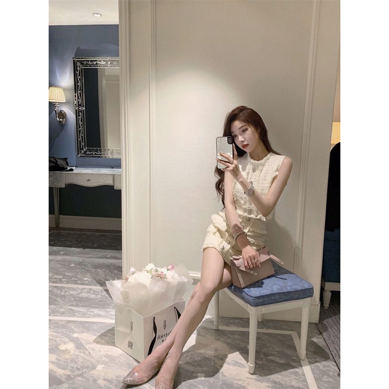 Phong cách Pháp nhỏ thơm phong cách người nổi tiếng khí chất vest hàng đầu mùa hè mới eo cao eo thon váy hông nữ hai mản