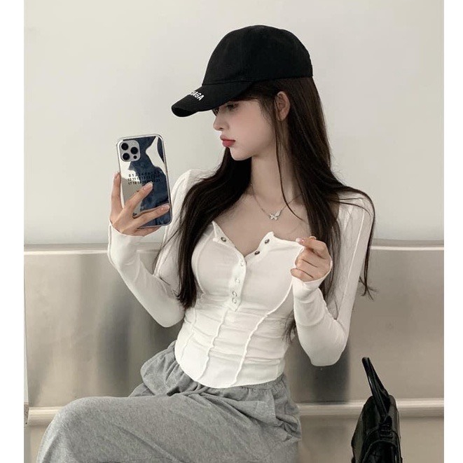 Áo cúc bấm MIUSHOP may ngược tay dài vạt bầu