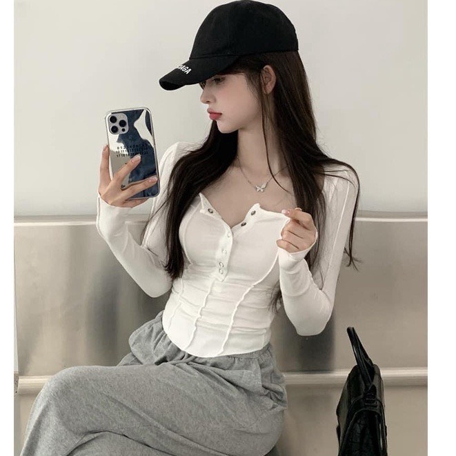 Áo cúc bấm MIUSHOP may ngược tay dài vạt bầu