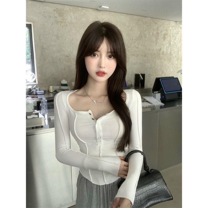 Áo cúc bấm MIUSHOP may ngược tay dài vạt bầu