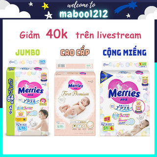 Bỉm Merries Cộng miếng, Jumbo, Cao cấp First premium dán/quần Nội Địa Nhật size NB96/S88/M68/M64/L50/XL44/XXL28