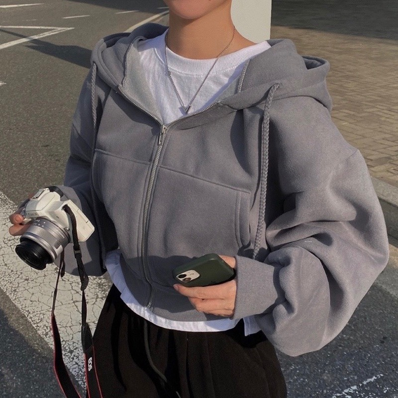 Áo khoác hoodie kéo khoá dáng croptop basic phong cách trẻ trung Heppy _Aokhoacni003_P6K9