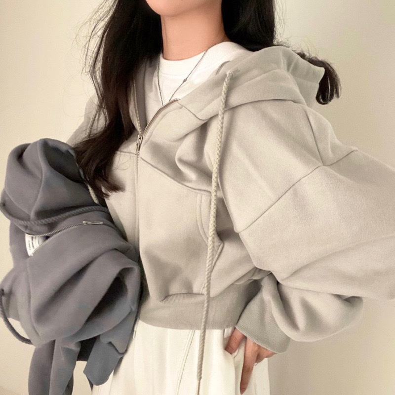 Áo khoác hoodie kéo khoá dáng croptop basic phong cách trẻ trung Heppy _Aokhoacni003_P6K9