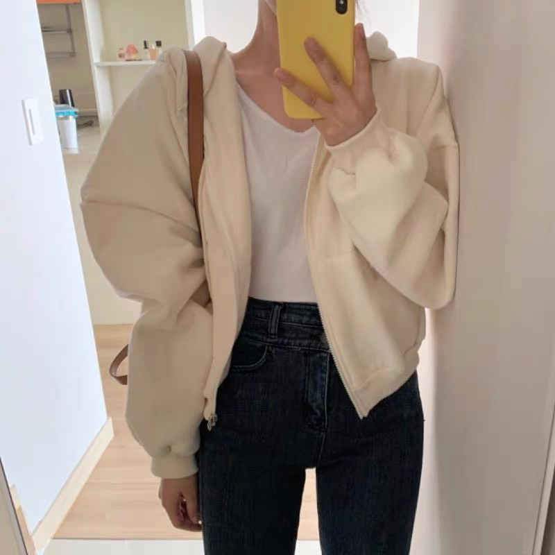 Áo khoác hoodie kéo khoá dáng croptop basic phong cách trẻ trung Heppy _Aokhoacni003_P6K9