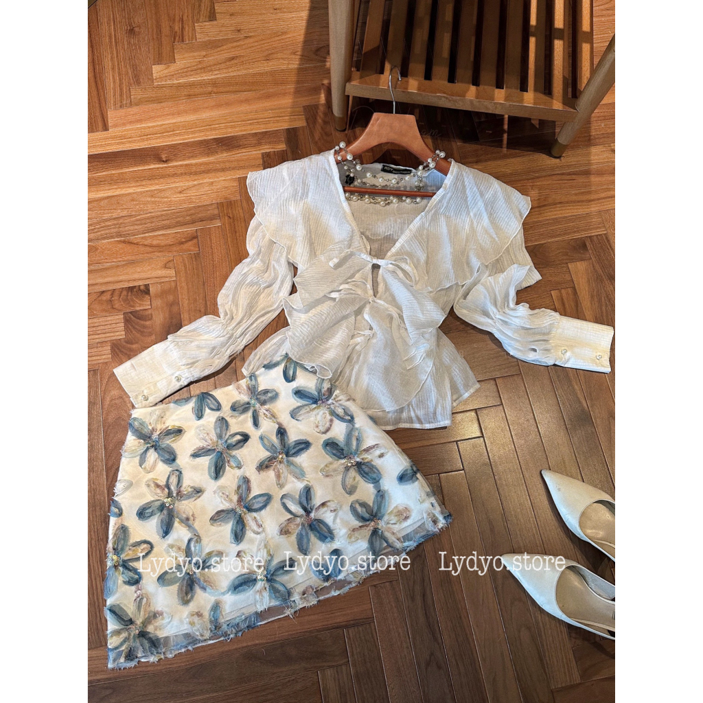 Set váy đầm, áo sơ mi voan tơ phối chân váy ren hoa tiết hoa, chân váy dáng ngắn chữ A sexy áo buộc ngực thiết kế