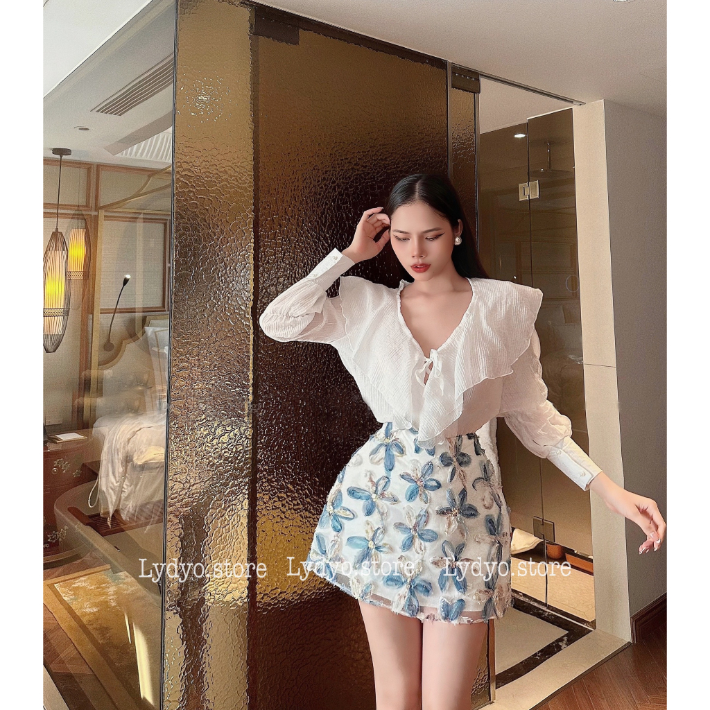 Set váy đầm, áo sơ mi voan tơ phối chân váy ren hoa tiết hoa, chân váy dáng ngắn chữ A sexy áo buộc ngực thiết kế