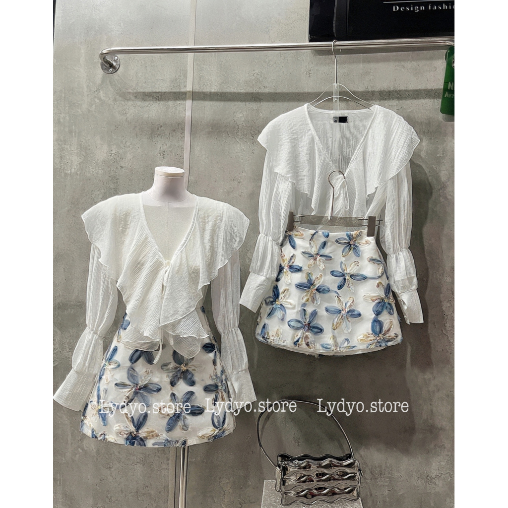 Set váy đầm, áo sơ mi voan tơ phối chân váy ren hoa tiết hoa, chân váy dáng ngắn chữ A sexy áo buộc ngực thiết kế