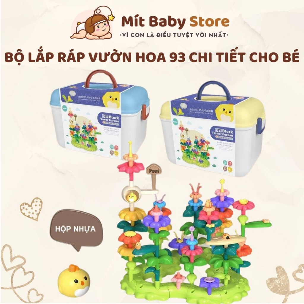 Đồ Chơi Xếp Hình Vườn Hoa 93 Chi Tiết hộp nhựa cho bé trai, gái, đồ chơi lắp ghép sáng tạo cho bé