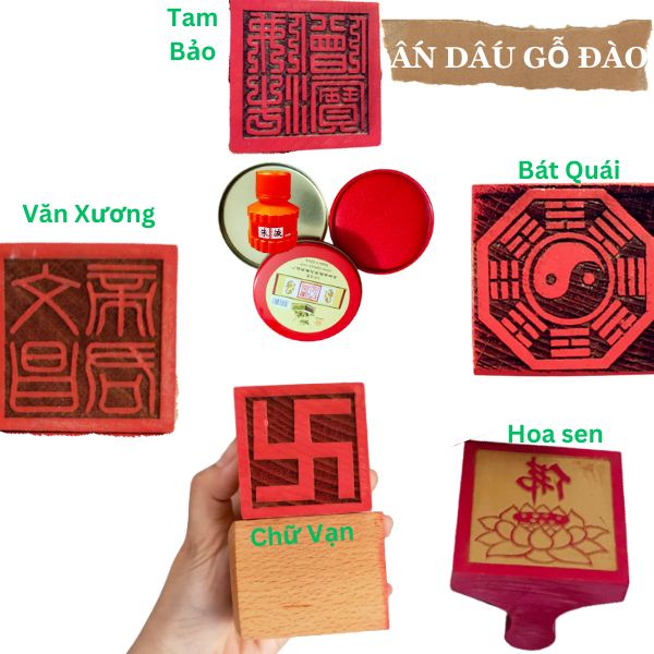 Dấu,Ấn Mộc Gỗ Đào Đạo Giáo,Phật Giáo,Hộp Mực(Tam Bảo,Văn Xương,Bát Quái,Chữ Vạn,Hoa Sen)