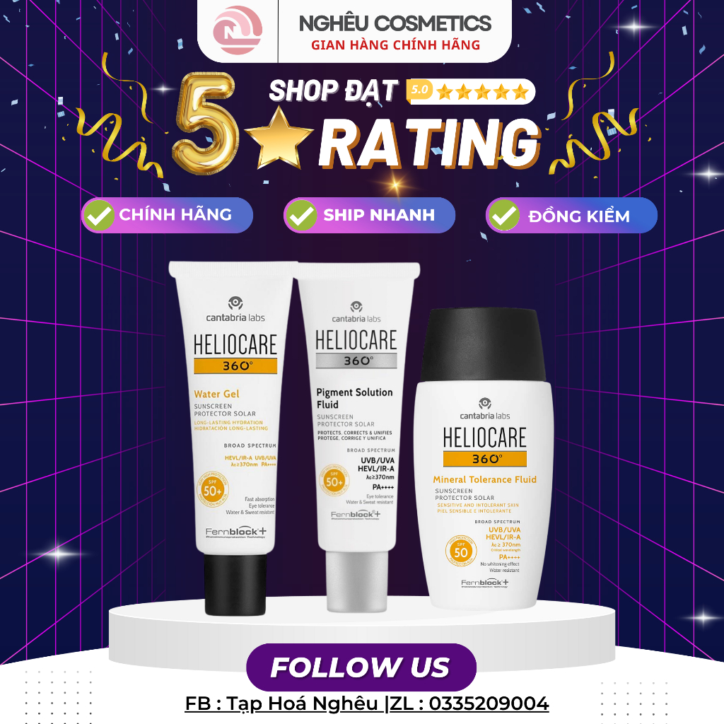 Kem Chống Nắng Heliocare Water Gel, Mineral, Pigment Chống Trôi Mỏng Nhẹ Khô Thoáng Chính Hãng