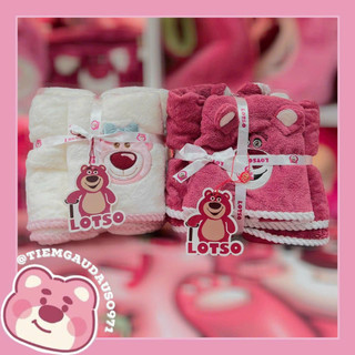 0019 Set 2c Khăn Mặt + Khăn Tắm Gấu Lotso Dâu Tây Siêu Hot
