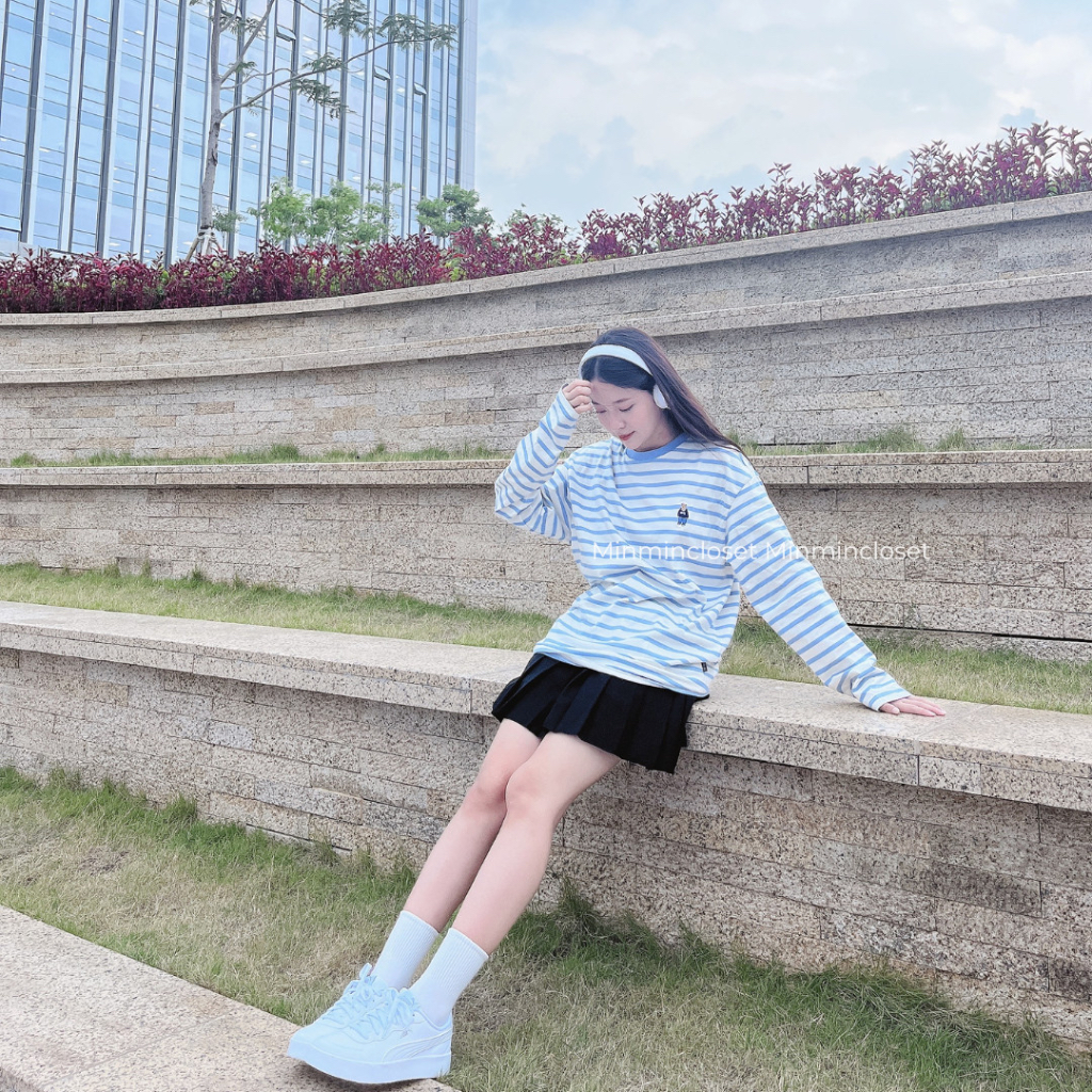 Áo thun dài tay kẻ ngang Whoau thêu gấu Steve WHLSD2311U chính hãng sale